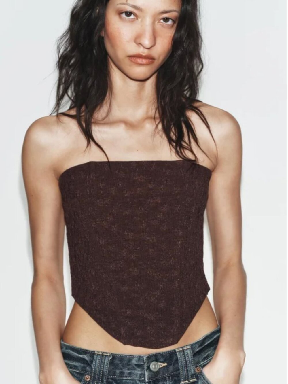 Zara Textured Corset Bandeau Top Chocolate Brown Boning S NWT
